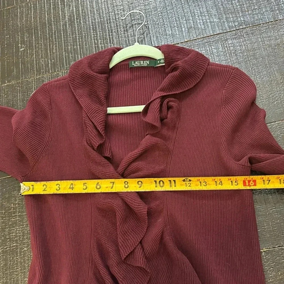 Lauren Ralph Lauren Sweater Ruffle Open Front Cardigan Maroon size M - Picture 7 of 8